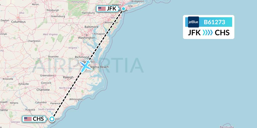 B61273 JetBlue Airways Flight Map: New York to Charleston