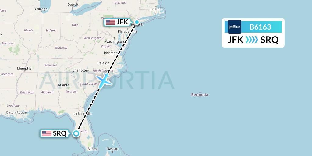 B6163 JetBlue Airways Flight Map: New York to Sarasota