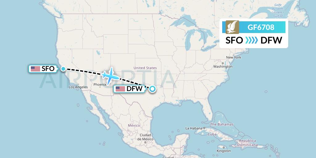 GF6708 Gulf Air Flight Map: San Francisco to Dallas