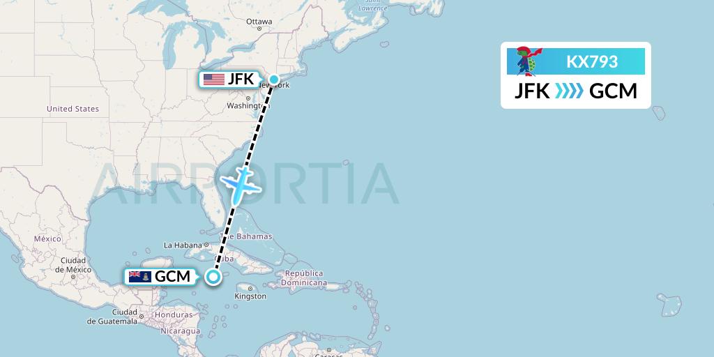 KX793 Cayman Airways Flight Map: New York to George Town