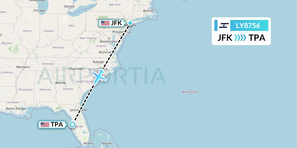 LY8756 El Al Flight Map: New York to Tampa