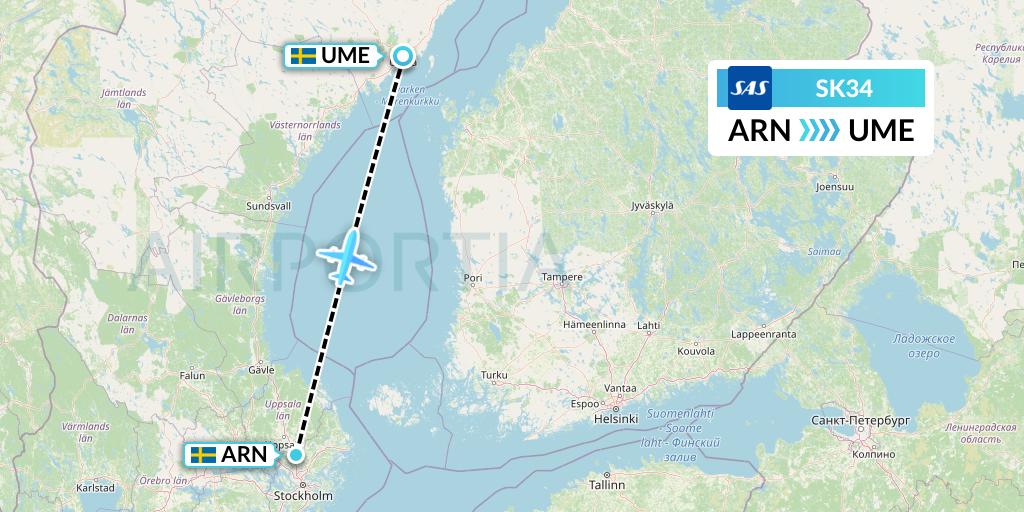 SK34 SAS Flight Map: Stockholm to Umea