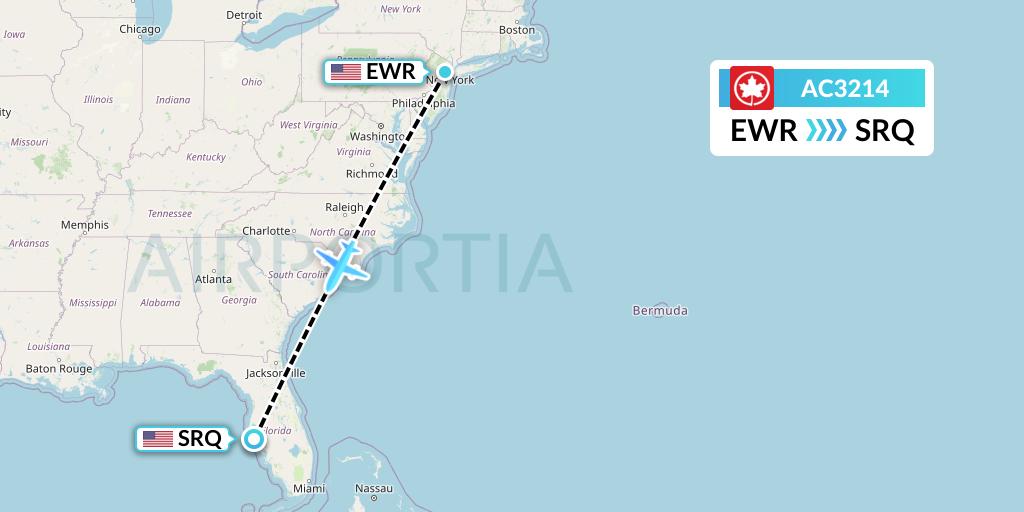 AC3214 Air Canada Flight Map: New York to Sarasota
