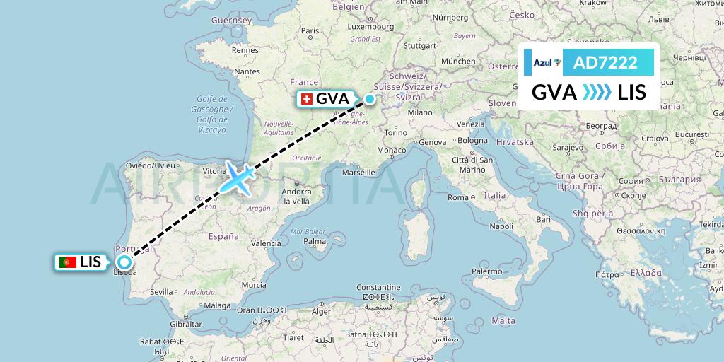 AD7222 Azul Brazilian Airlines Flight Map: Geneva to Lisbon