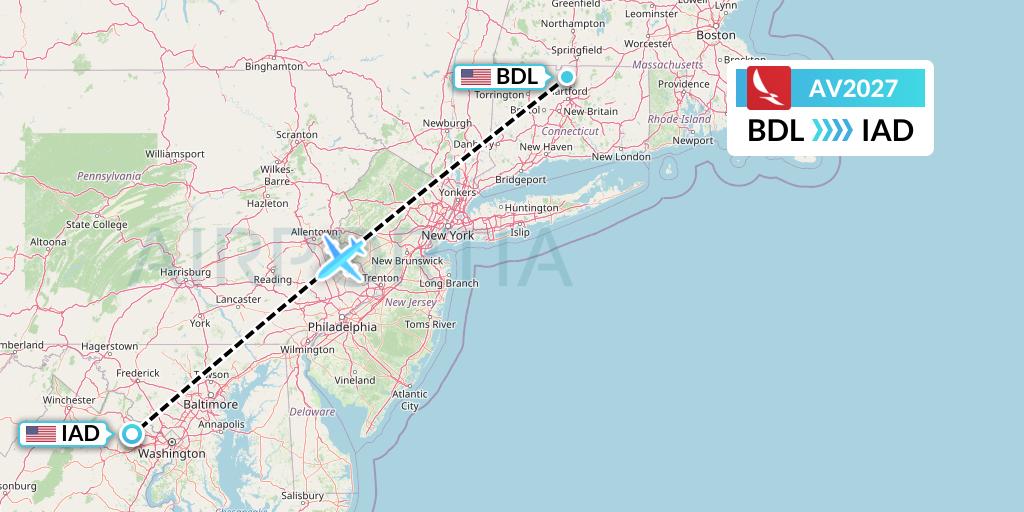 AV2027 Avianca Flight Map: Windsor Locks to Washington