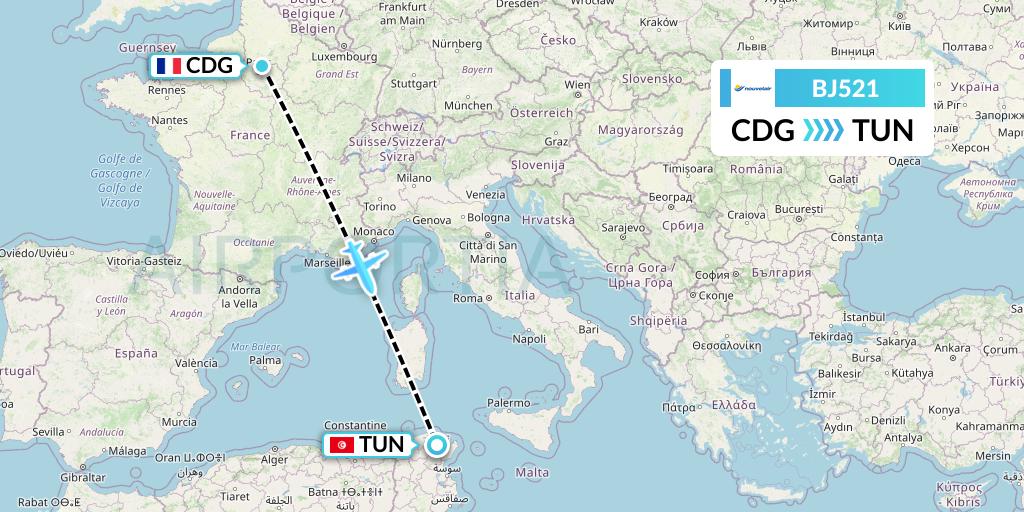 BJ521 Nouvelair Tunisie Flight Map: Paris to Tunis