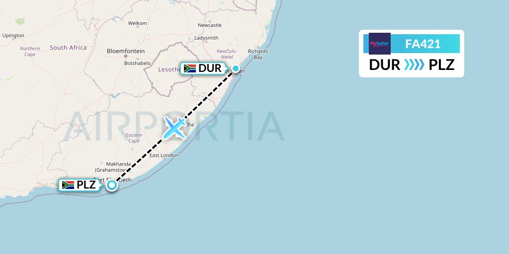FA421 Safair Flight Map: Durban to Port Elizabeth