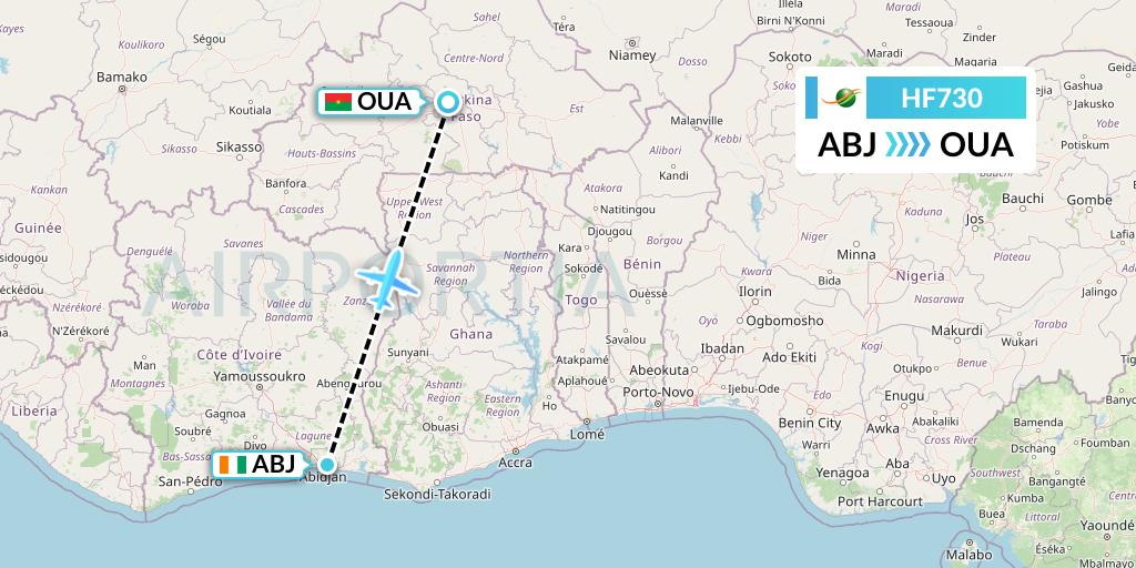 HF730 Air Cote d'Ivoire Flight Map: Abidjan to Ouagadougou