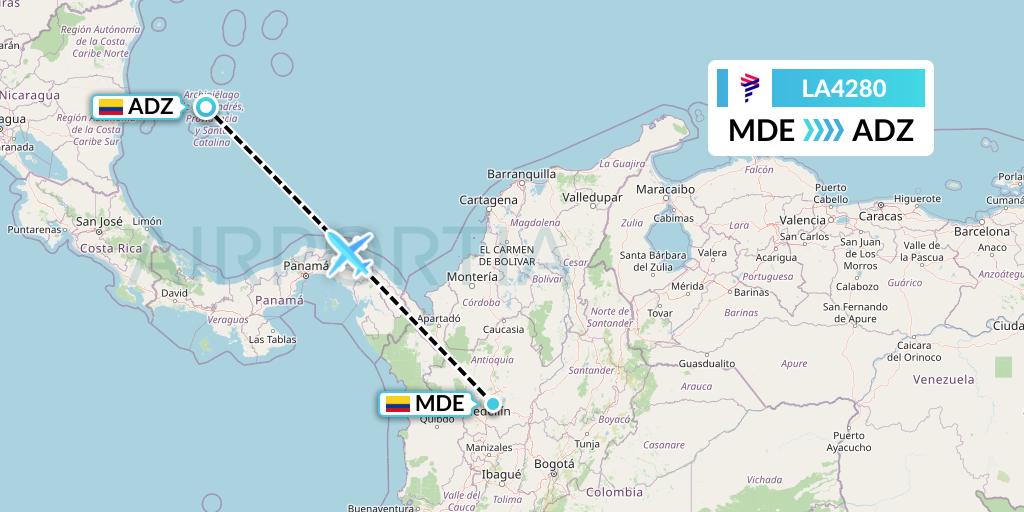 LA4280 LAN Airlines Flight Map: Medellin to San Andres Island
