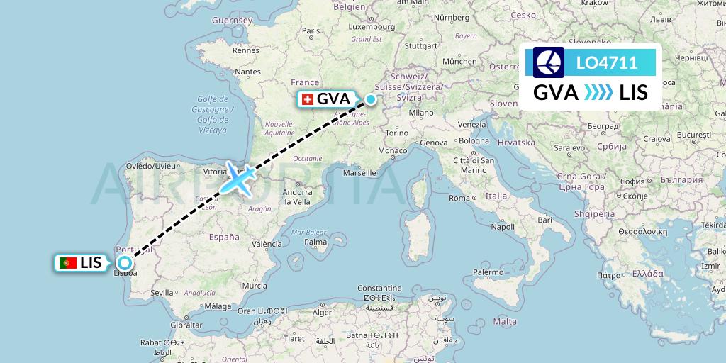 LO4711 LOT Flight Map: Geneva to Lisbon