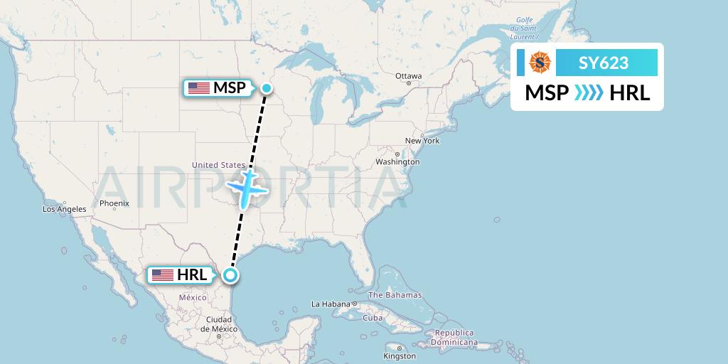 SY623 Sun Country Airlines Flight Map: Minneapolis to Harlingen