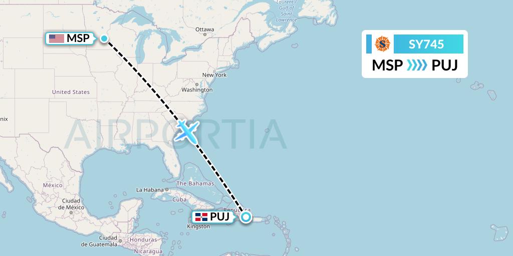 SY745 Sun Country Airlines Flight Map: Minneapolis to Punta Cana
