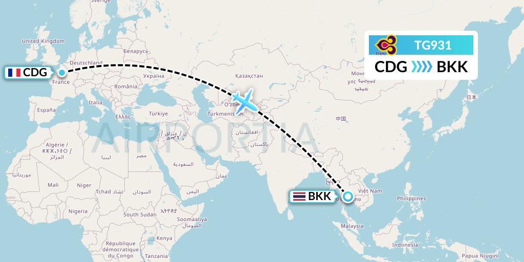 TG931 Thai Airways Flight Map: Paris to Bangkok