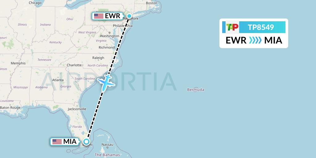 TP8549 TAP Portugal Flight Map: New York to Miami