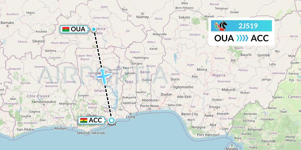 2J519 Air Burkina Flight Map: Ouagadougou to Accra