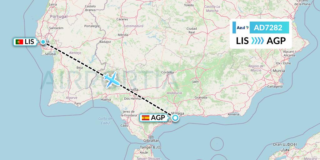 AD7282 Azul Brazilian Airlines Flight Map: Lisbon to Malaga