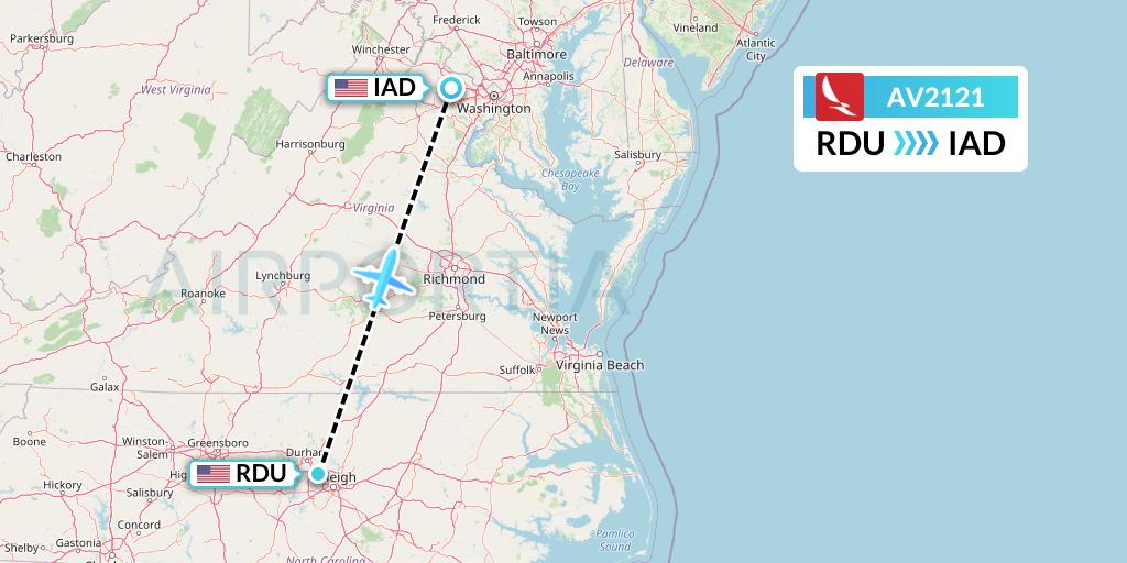AV2121 Avianca Flight Map: Raleigh-Durham to Washington