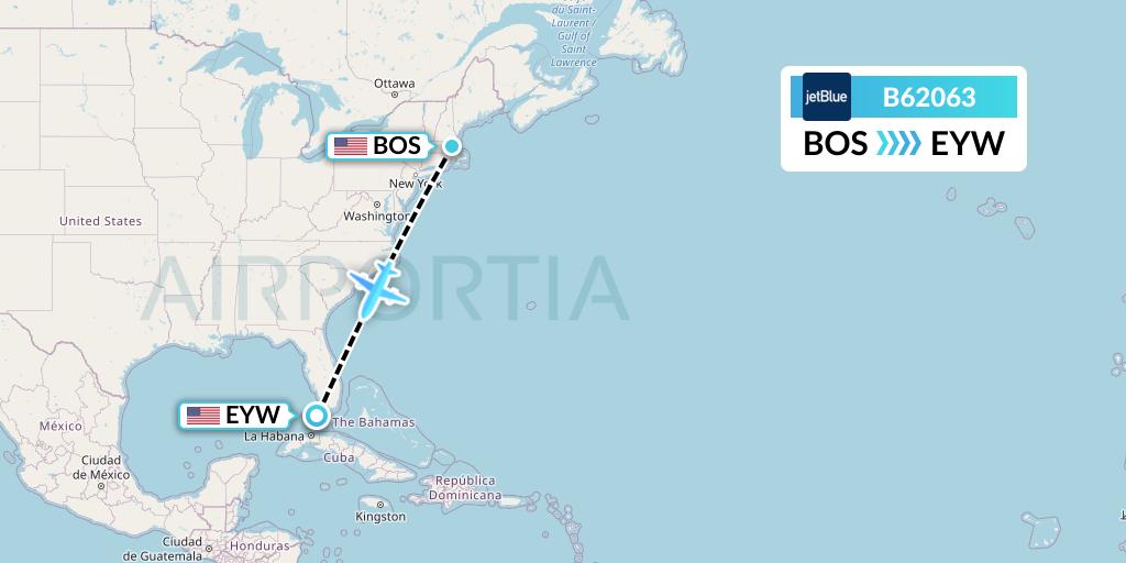B62063 JetBlue Airways Flight Map: Boston to Key West