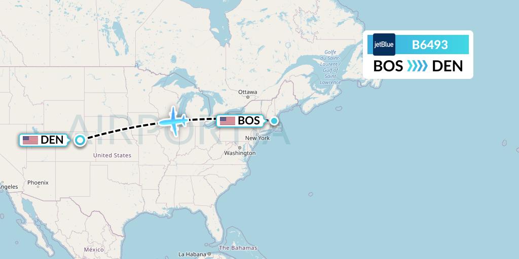 B6493 JetBlue Airways Flight Map: Boston to Denver