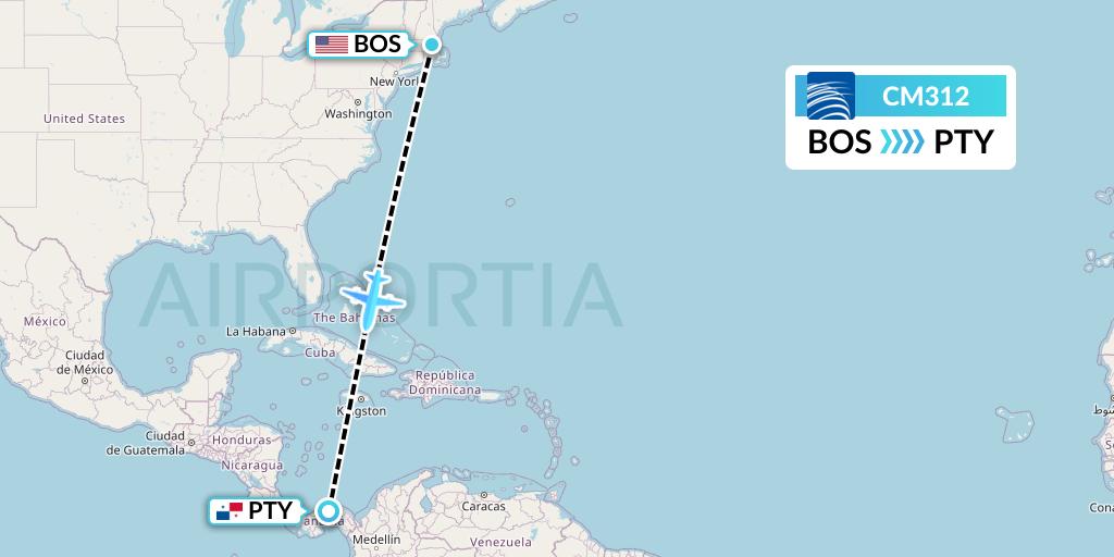 CM312 Copa Airlines Flight Map: Boston to Panama City