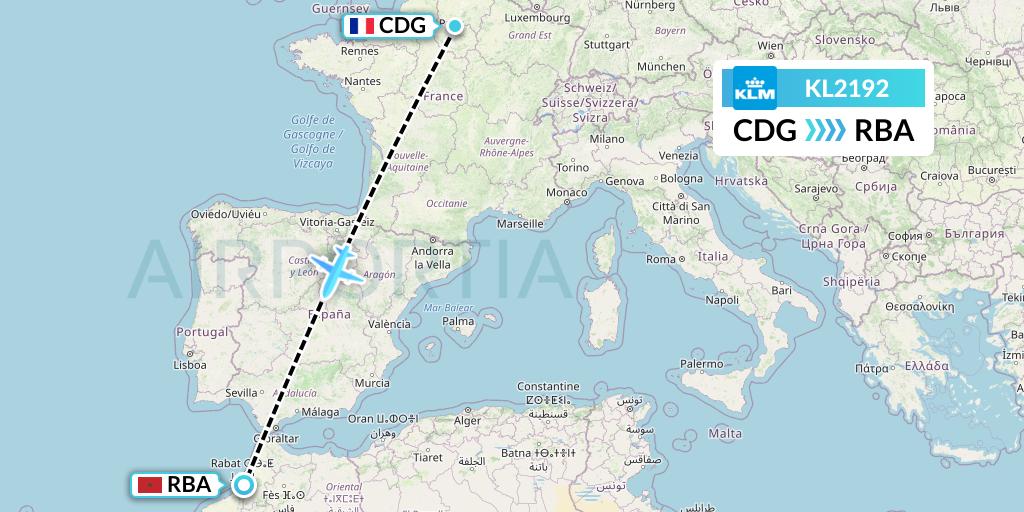 KL2192 KLM Flight Map: Paris to Rabat