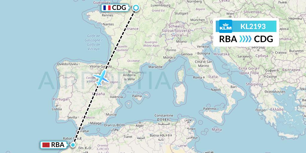 KL2193 KLM Flight Map: Rabat to Paris