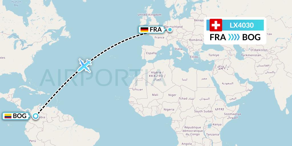 LX4030 Swiss Flight Map: Frankfurt to Bogota