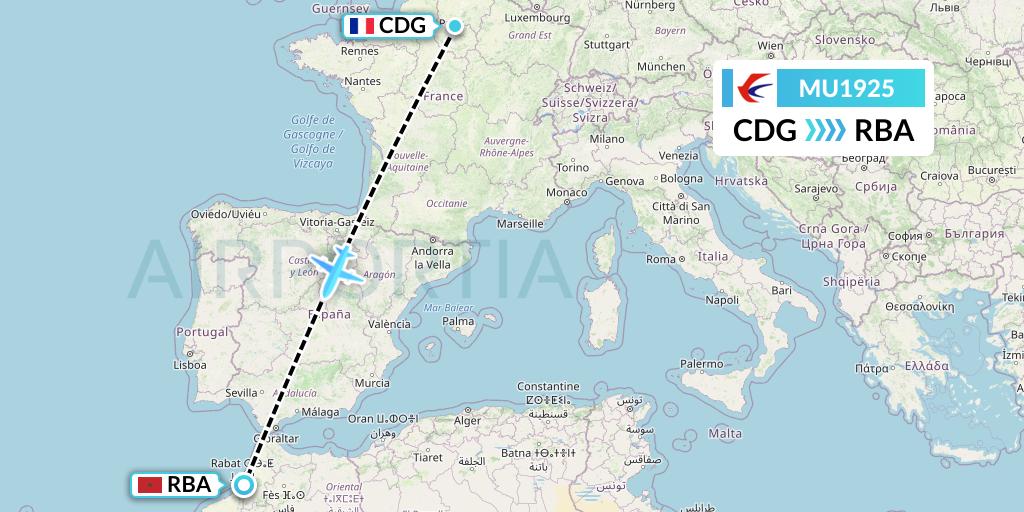 MU1925 China Eastern Airlines Flight Map: Paris to Rabat