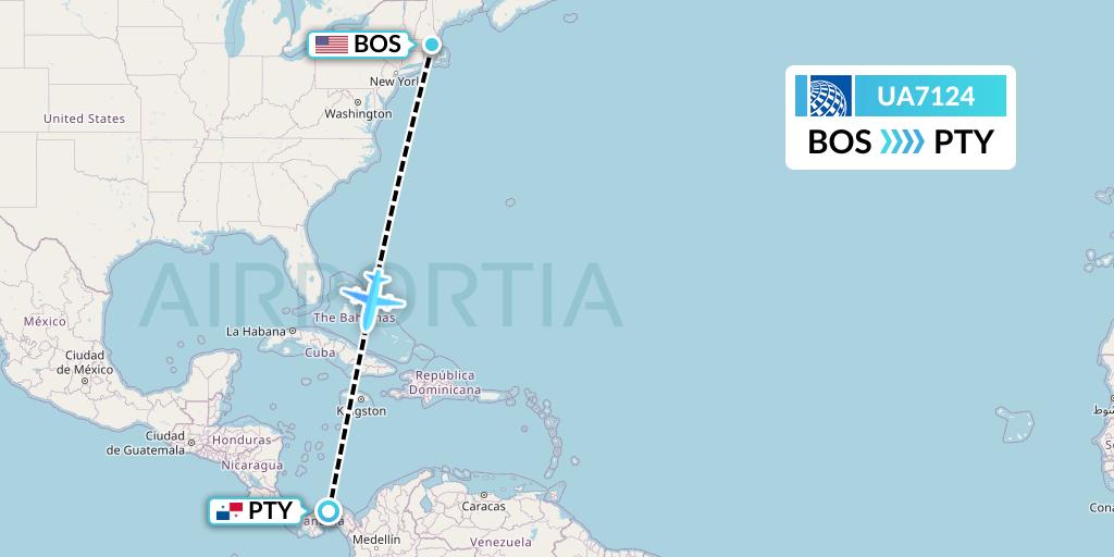 UA7124 United Airlines Flight Map: Boston to Panama City