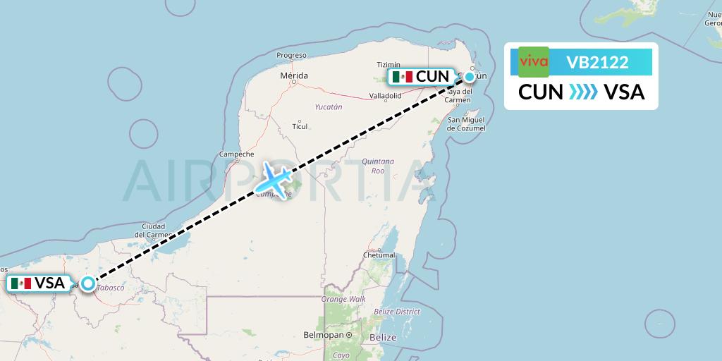 VB2122 VivaAerobus Flight Map: Cancun to Villahermosa