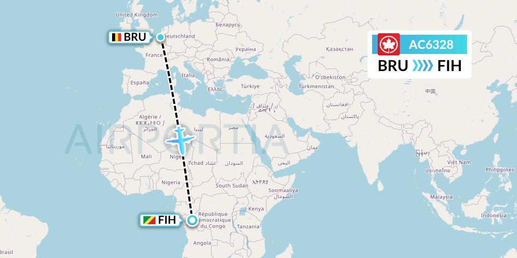 AC6328 Air Canada Flight Map: Brussels to Kinshasa