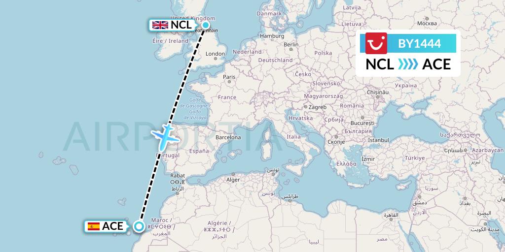 BY1444 TUI Airways Flight Map: Newcastle to Lanzarote