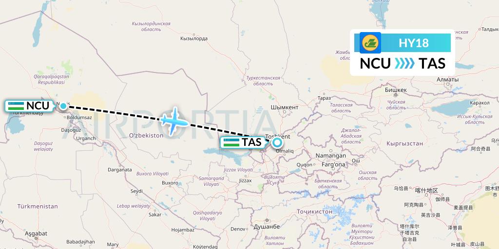 HY18 Uzbekistan Airways Flight Map: Nukus to Tashkent
