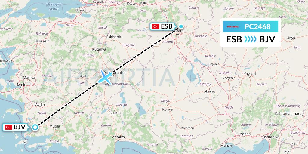 PC2468 Pegasus Airlines Flight Map: Ankara to Bodrum