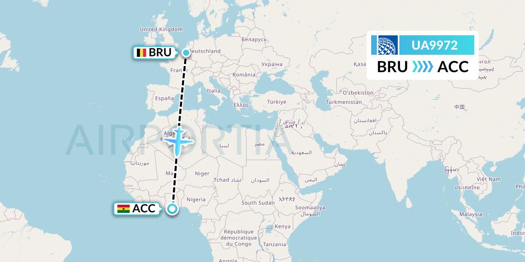 UA9972 United Airlines Flight Map: Brussels to Accra