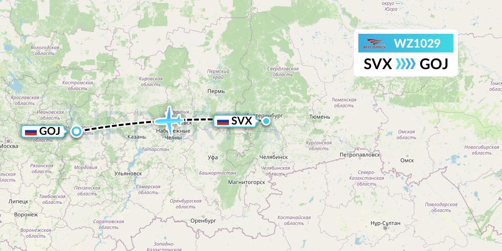 WZ1029 Red Wings Flight Map: Yekaterinburg to Nizhny Novgorod