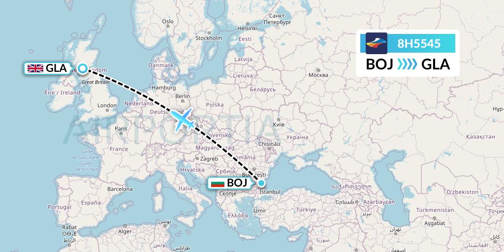8H5545 BH Air Flight Map: Burgas to Glasgow