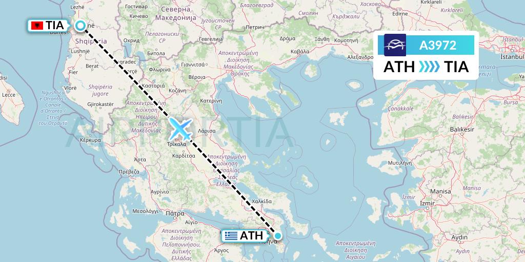A3972 Aegean Airlines Flight Map: Athens to Tirana
