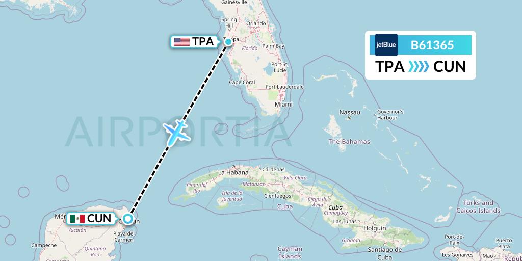 B61365 JetBlue Airways Flight Map: Tampa to Cancun