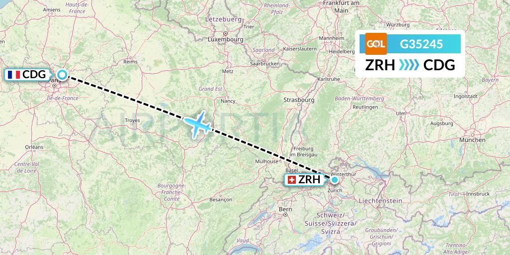 G35245 GOL Transportes Aeros Flight Map: Zurich to Paris