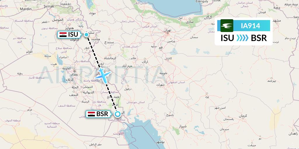 IA914 Iraqi Airways Flight Map: Sulaimaniyah to Basra