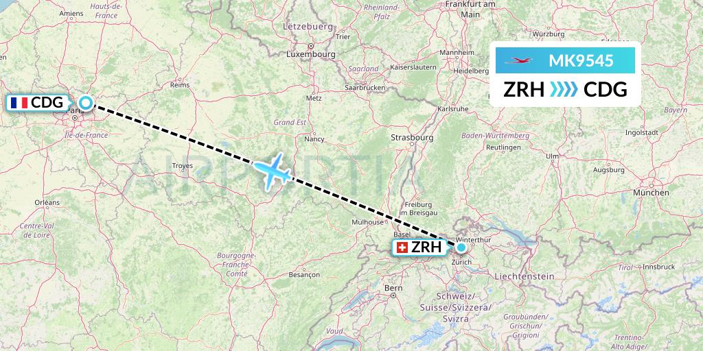 MK9545 Air Mauritius Flight Map: Zurich to Paris