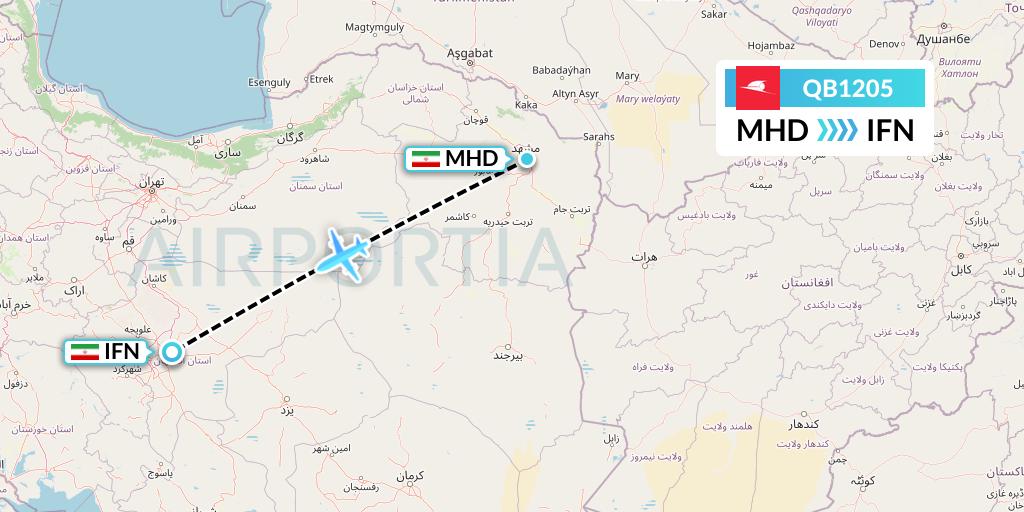 QB1205 Qeshm Airlines Flight Map: Mashhad to Isfahan
