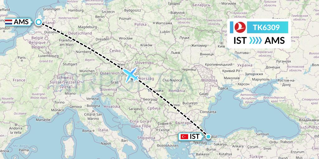 TK6309 Turkish Airlines Flight Map: Istanbul to Amsterdam