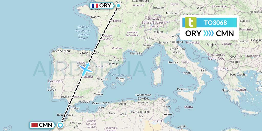 TO3068 Transavia France Flight Map: Paris to Casablanca