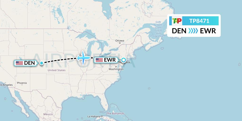 TP8471 TAP Portugal Flight Map: Denver to New York