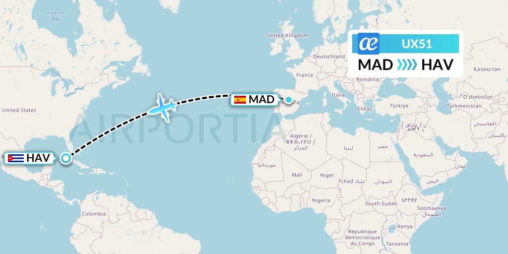 UX51 Air Europa Flight Map: Madrid to Havana