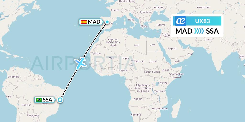 UX83 Air Europa Flight Map: Madrid to Salvador