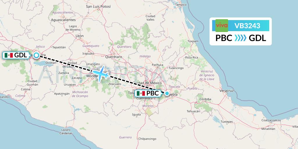 VB3243 VivaAerobus Flight Map: Puebla to Guadalajara