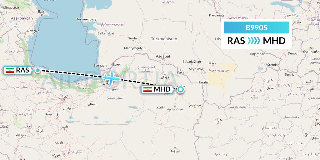 B9905 Iran Air Tours Flight Map: Rasht to Mashhad